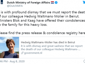 【蜗牛棋牌】荷兰外交部:荷兰驻黎巴嫩大使夫人因爆炸身亡