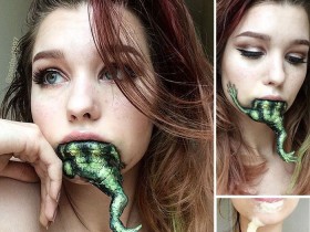 【蜗牛棋牌】嘴好大!口吞青蛙、地精!這女孩「假妝」功力不得了