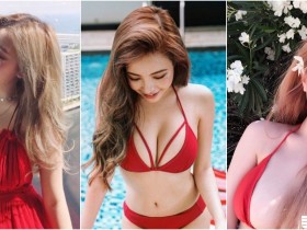 【蜗牛棋牌】尺寸太大「衣服包不住」!正妹紅色比基尼秀「渾圓美乳」!畫面好白嫩啊~