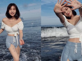 【蜗牛棋牌】「氣質短髮妹」海邊戲水展細腰,「鮮嫩水滴型」征服整條海岸線