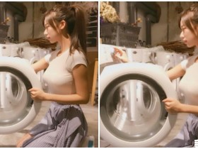 【蜗牛棋牌】甜美正妹跪地開洗衣機 「渾圓胸型」完整呈現,IG露乳照也好殺喔!