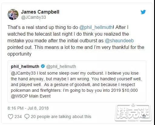 争议过后Phil Hellmuth为James Campbell支付2019年WSOP主赛事买入