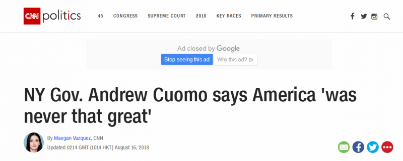 纽约州长公开批特朗普口号：美国从来就没伟大过