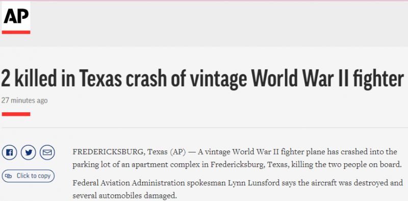二战老式“野马”战斗机美国得州坠毁 两人死亡