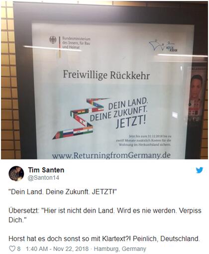 德国发广告鼓励移民回国 绿党：玩世不恭行为(图)