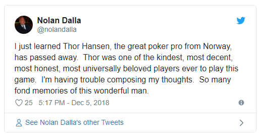 蜗牛棋牌圈哀悼Thor Hansen的离世