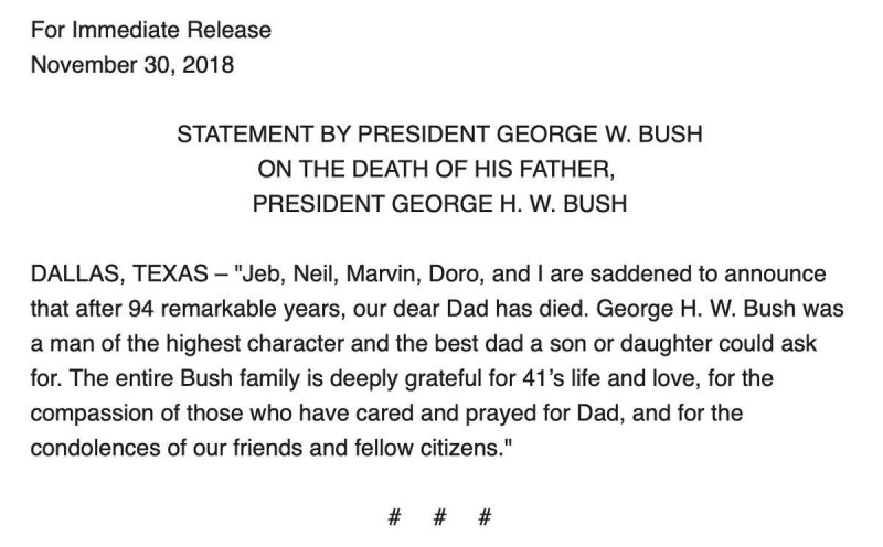 老布什去世 小布什发文悼念：最高尚品格的男人