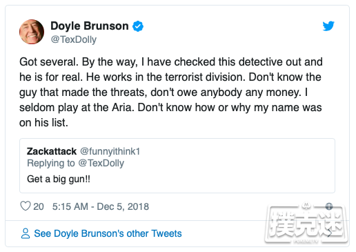 Doyle Brunson接到警探奇怪电话，说有人告他威胁恐吓