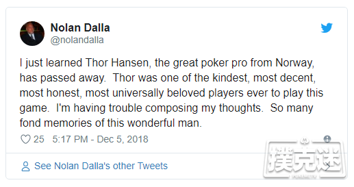 扑克圈哀悼Thor Hansen的离世