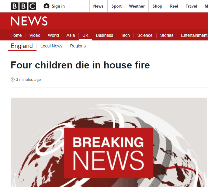 英国斯塔福德郡一房屋突发大火 4名儿童遇难