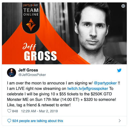 Jeff Gross宣布担任partypoker最新线上代言人