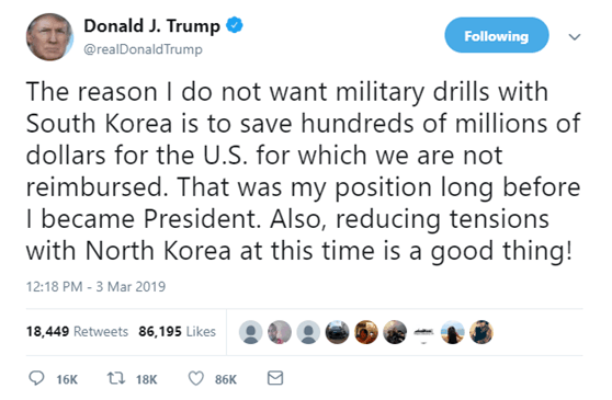 韩美停止两大联合军演 特朗普发推特解释原因