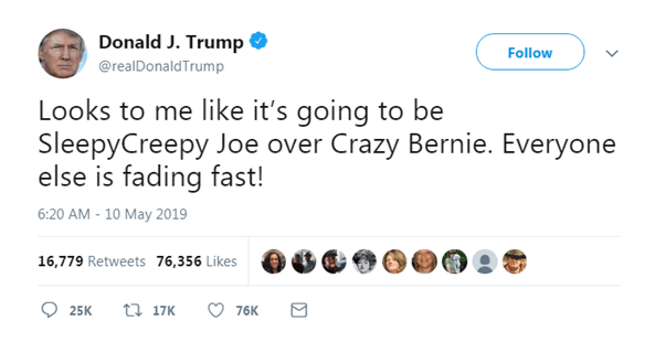 【蜗牛棋牌】特朗普预测大选对手:昏昏欲睡的乔胜过疯狂的伯尼