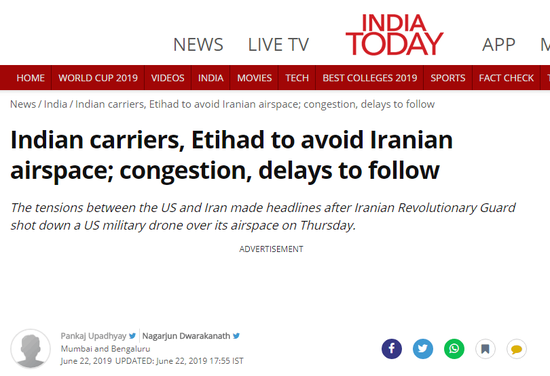 印度航司将改变航线 避开伊朗领空受影响区域