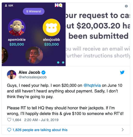 前蜗牛棋牌玩家Alex Jacob称某益智问答App欠他$20,000