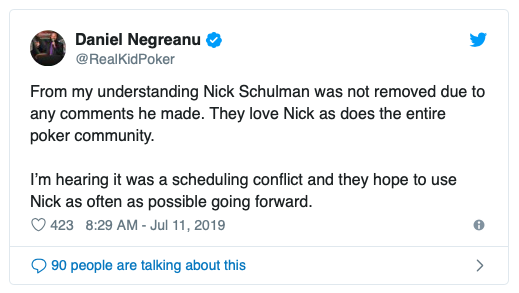 丹牛发推说Nick Schulman并未因不当言论被节目组开除