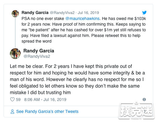 【蜗牛棋牌】曾经投资人推特喊话Maurice Hawkins欠钱不还