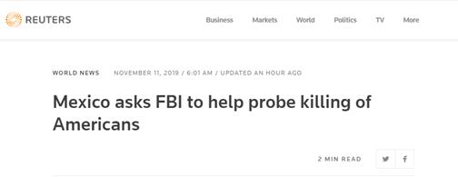 墨西哥邀FBI协助调查9人遇害案 令其不得配备武器