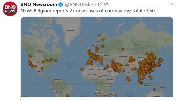 比利时新增27例新冠肺炎确诊病例，累计达50例