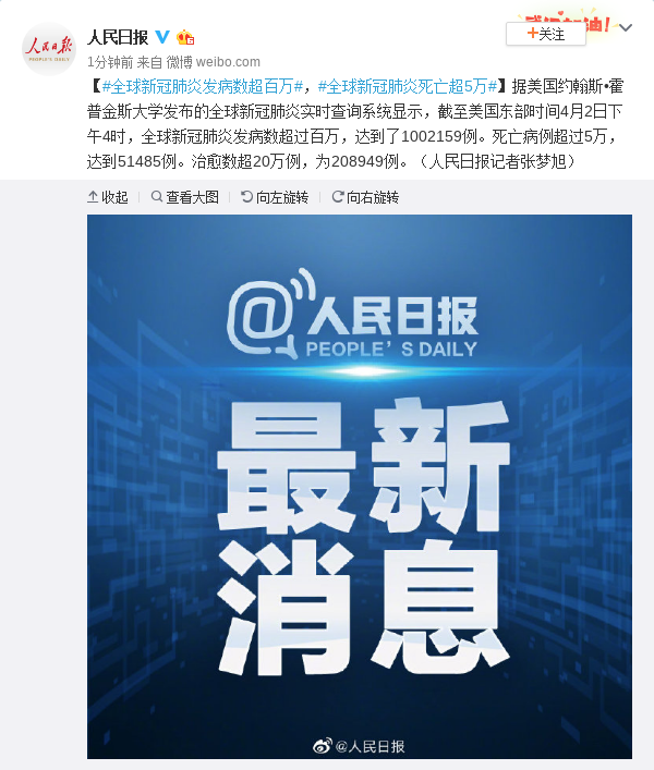 【蜗牛棋牌】全球新冠肺炎发病数超百万,新冠肺炎死亡超5万