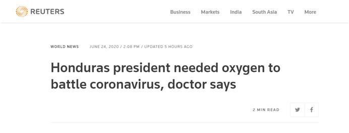 医生公开洪都拉斯总统感染新冠病情：需要氧气治疗