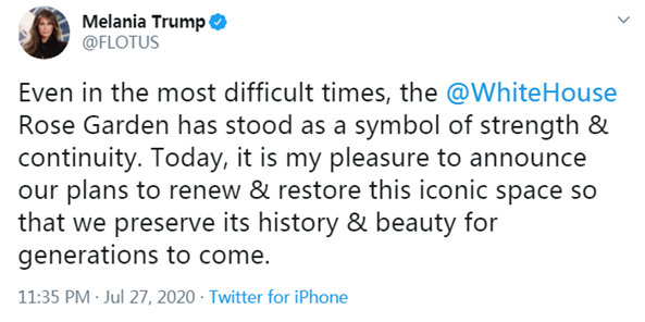 疫情严峻梅拉尼娅发推宣布要修白宫玫瑰园 网友讽刺