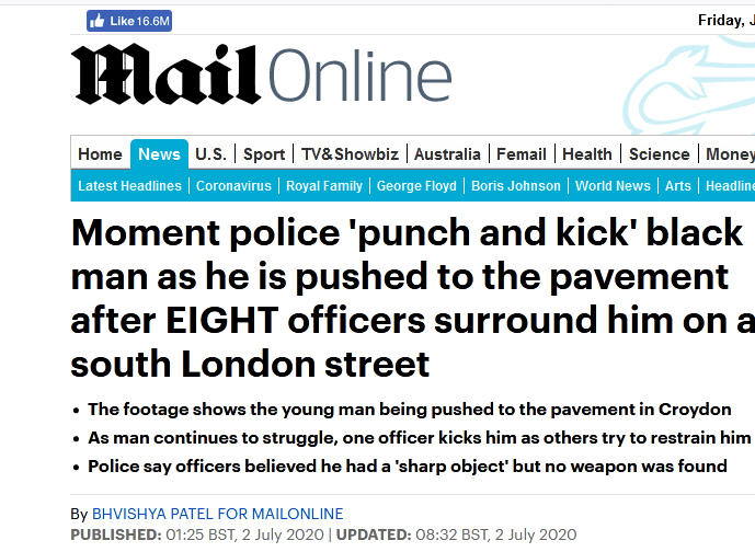 英国白人警察对黑人粗暴执法 这次是8个“围”1个