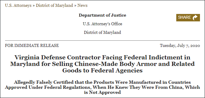 "中国制造"当"美国制造"卖 美国防承包商CEO被起诉