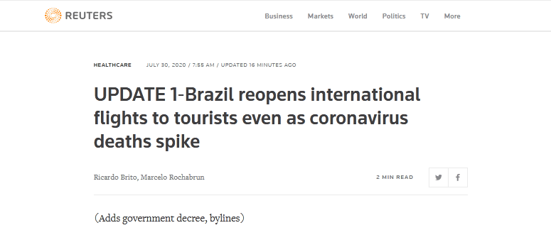 单日新增再创纪录这天 巴西向外国游客开放国际航班