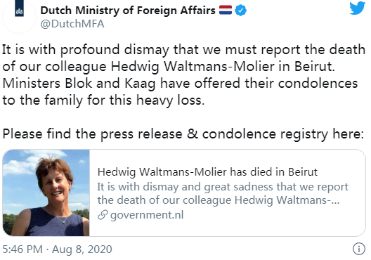 荷兰外交部:荷兰驻黎巴嫩大使夫人因爆炸身亡