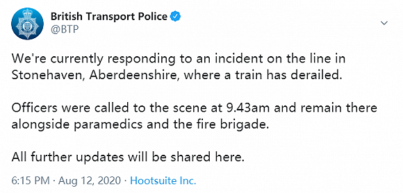 苏格兰阿伯丁郡发生火车出轨事故