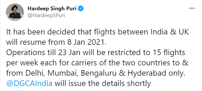 印度将从1月8日起重开部分往返英国航班