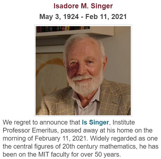 数学家伊萨多-辛格去世 享年96岁