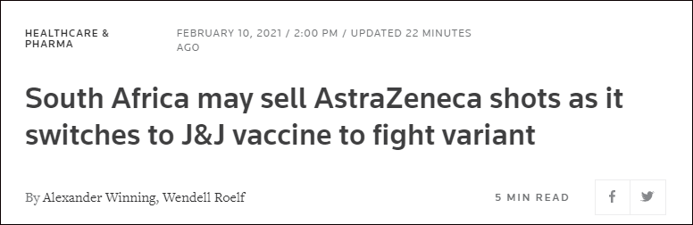 南非有意转卖阿斯利康疫苗，并计划购买中国疫苗