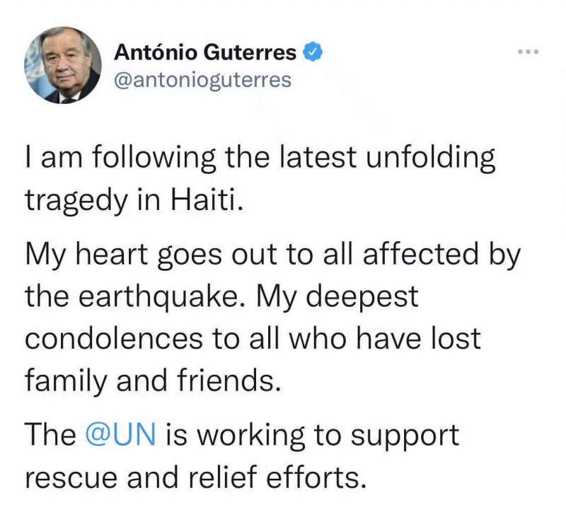联合国秘书长：对海地地震逝者表示哀悼