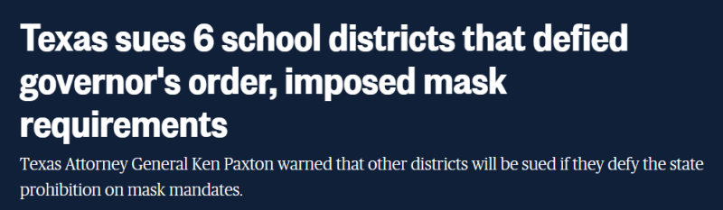 因要求师生戴口罩 美国得州6个学区将被州政府起诉