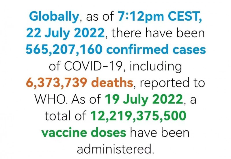 世卫组织：全球新冠肺炎确诊病例超5.6520亿例