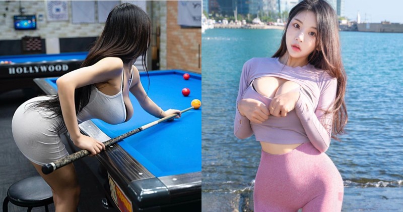 【蜗牛棋牌】南韓巨乳妹彎腰打撞球　自備的兩顆「白嫩母球」直接掉出來