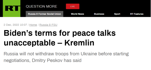 俄媒：克宫称，拜登有关俄乌和平谈判的条件不可接受