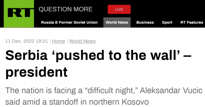 科索沃局势紧张，武契奇称塞尔维亚“被逼到墙边”