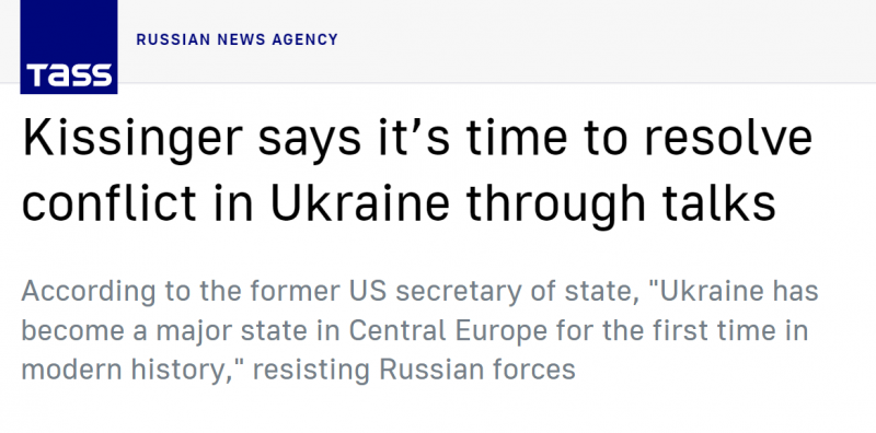 基辛格最新发声：是时候谈判解决俄乌冲突了