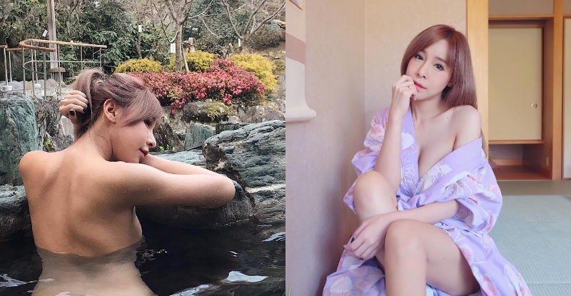 【蜗牛棋牌】「巨乳正妹」野外露天風呂池大膽裸背　衣衫不整兩顆白嫩乳球差點掉出！