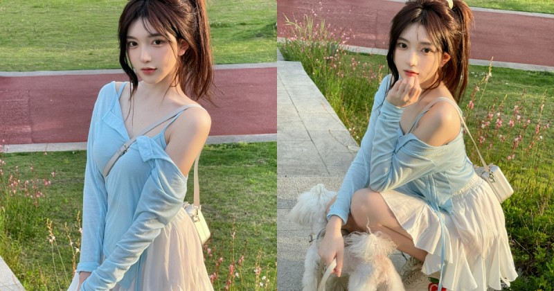 【蜗牛棋牌】公園散步的「性感22歲正妹」，「背帶的位置」好引人遐想！