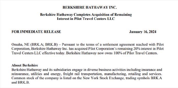 收购20%股权！巴菲特又出手了→