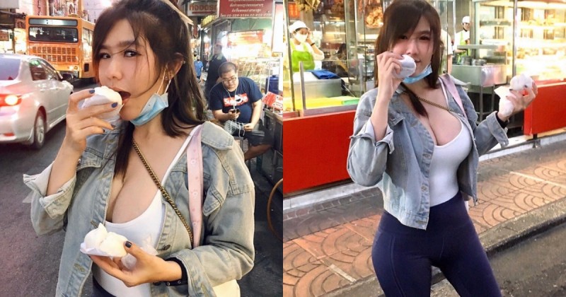 【蜗牛棋牌】「爆乳正妹」夜市大口吃包子，胸前「超渾圓大肉包」才是真正美味，走過路過不想錯過！