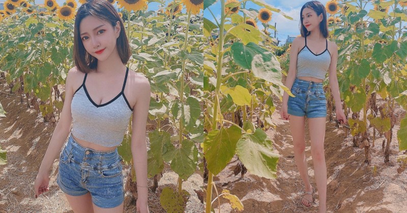 【蜗牛棋牌】向日葵花海裡的「短髮甜心」晴晴，清涼爆乳好消暑，根本花田裡的小精靈！