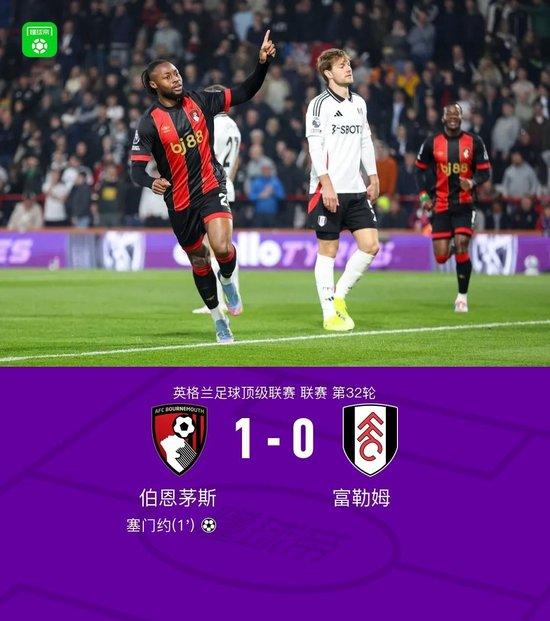英超：伯恩茅斯1-0富勒姆，塞门约闪击制胜