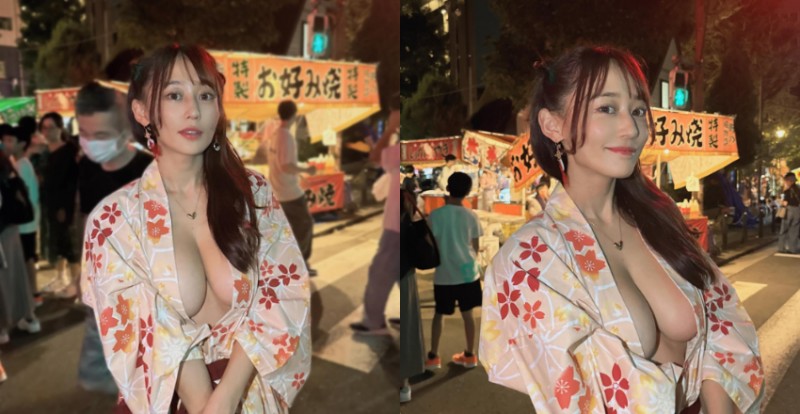 【蜗牛棋牌】夏天就是要逛祭典！日本妹子浴衣敞開露人字巨乳逛攤販