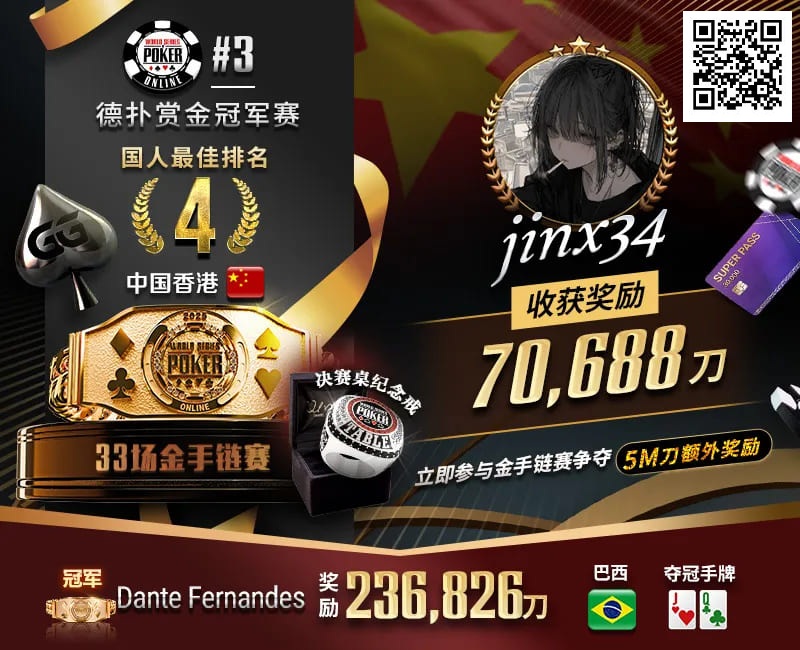 【EV扑克】WSOP线上金手链|茅人及斩获赏金赛冠军!中国香港选手“jinx34”夺#4第四名佳绩