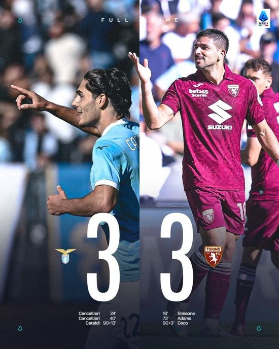 【蜗牛棋牌】神剧情！都灵93分钟3-2准绝杀，拉齐奥103分钟点射3-3反绝平都灵